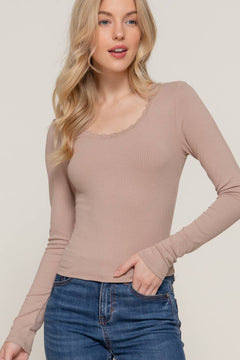 Long Sleeve Scoop Neck with Lace Trim Rib Knit Top