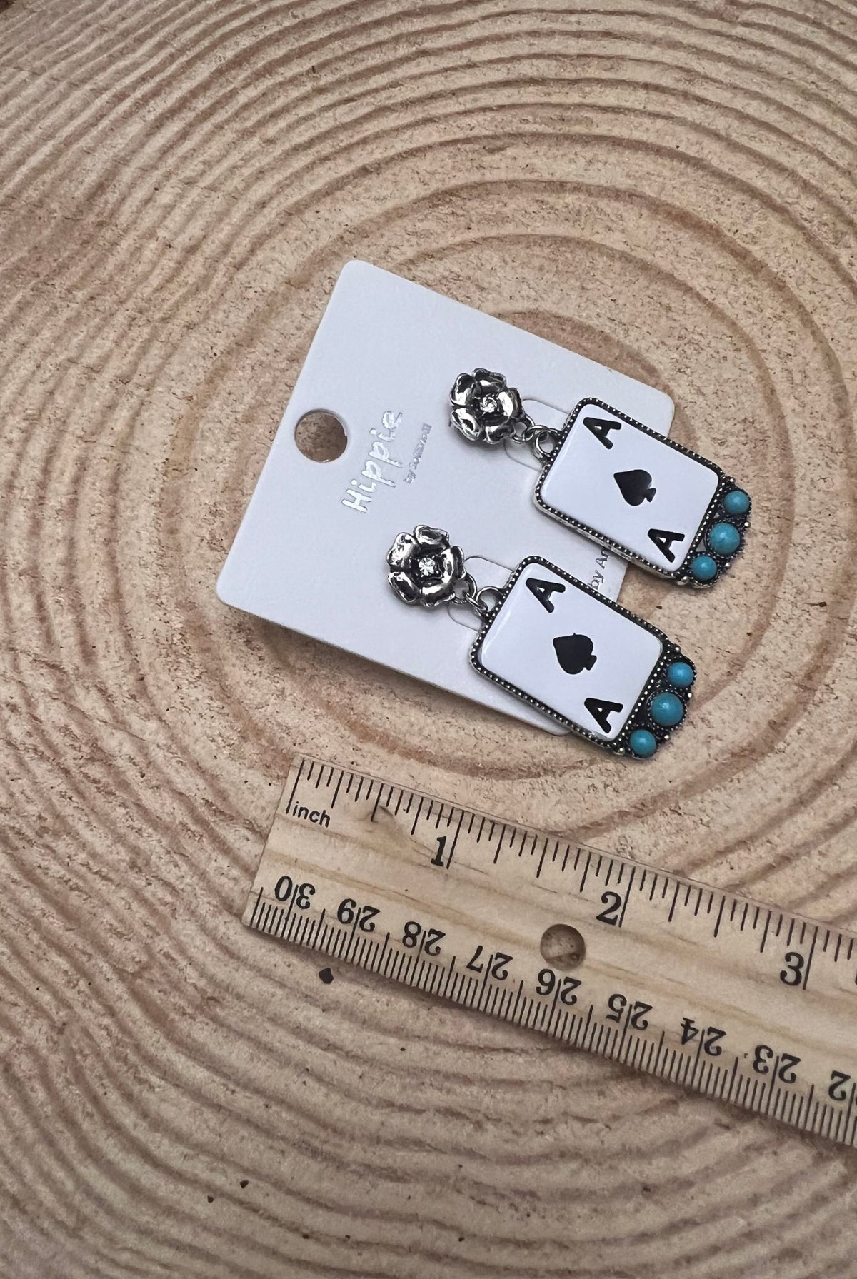 Ace of Spaces and Faux Turquoise Earrings - 2 inch drop - Cowhide and Conchos