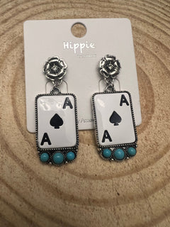 Ace of Spaces and Faux Turquoise Earrings - 2 inch drop - Cowhide and Conchos