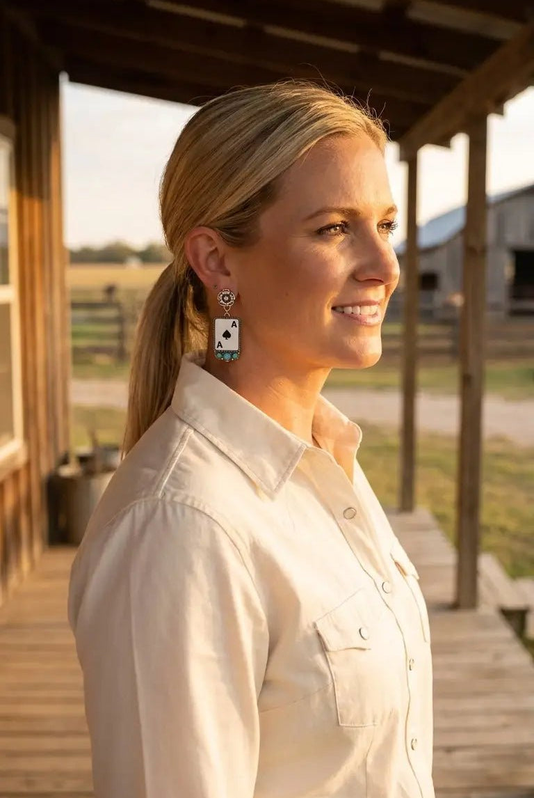Ace of Spades Western Earrings with Faux Turquoise — 2" Drop - Cowhide and Conchos