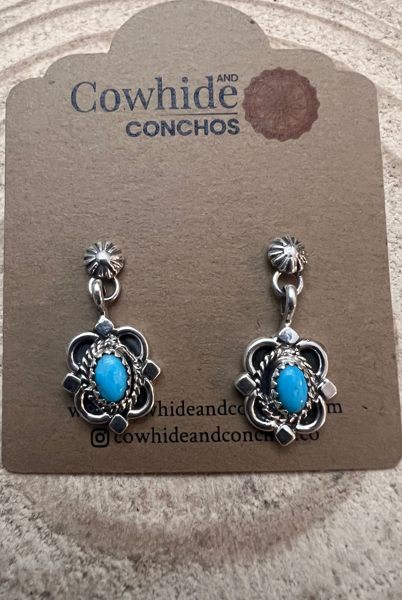 Adelarae Yazzie Navajo Handmade Sterling & Kingman Turquoise Earrings - 3/4 inch drop - Cowhide and Conchos