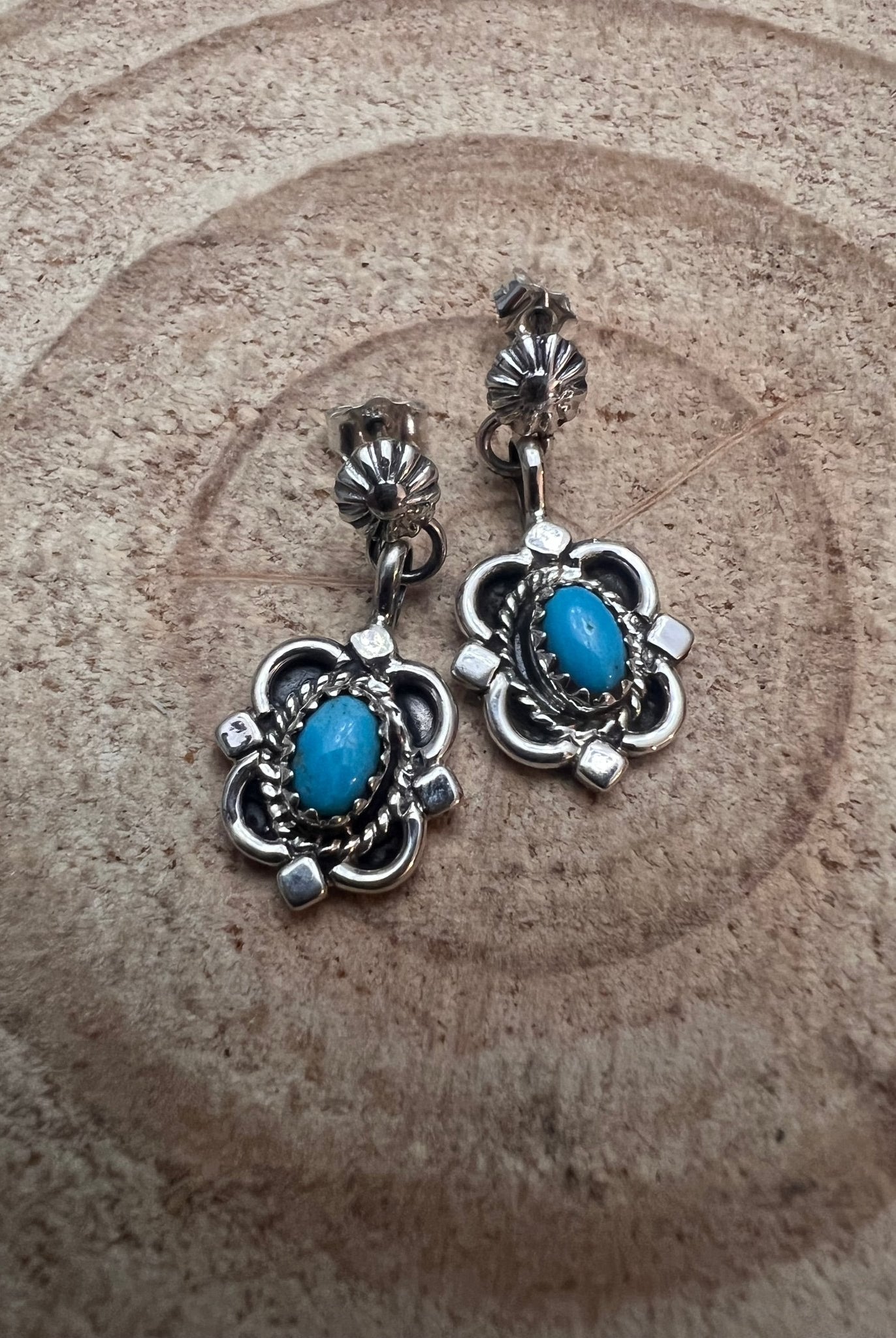 Adelarae Yazzie Navajo Handmade Sterling & Kingman Turquoise Earrings - 3/4 inch drop - Cowhide and Conchos