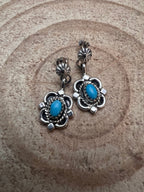 Adelarae Yazzie Navajo Handmade Sterling & Kingman Turquoise Earrings - 3/4 inch drop - Cowhide and Conchos