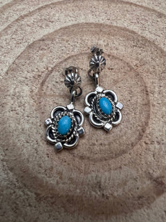 Adelarae Yazzie Navajo Handmade Sterling & Kingman Turquoise Earrings - 3/4 inch drop - Cowhide and Conchos