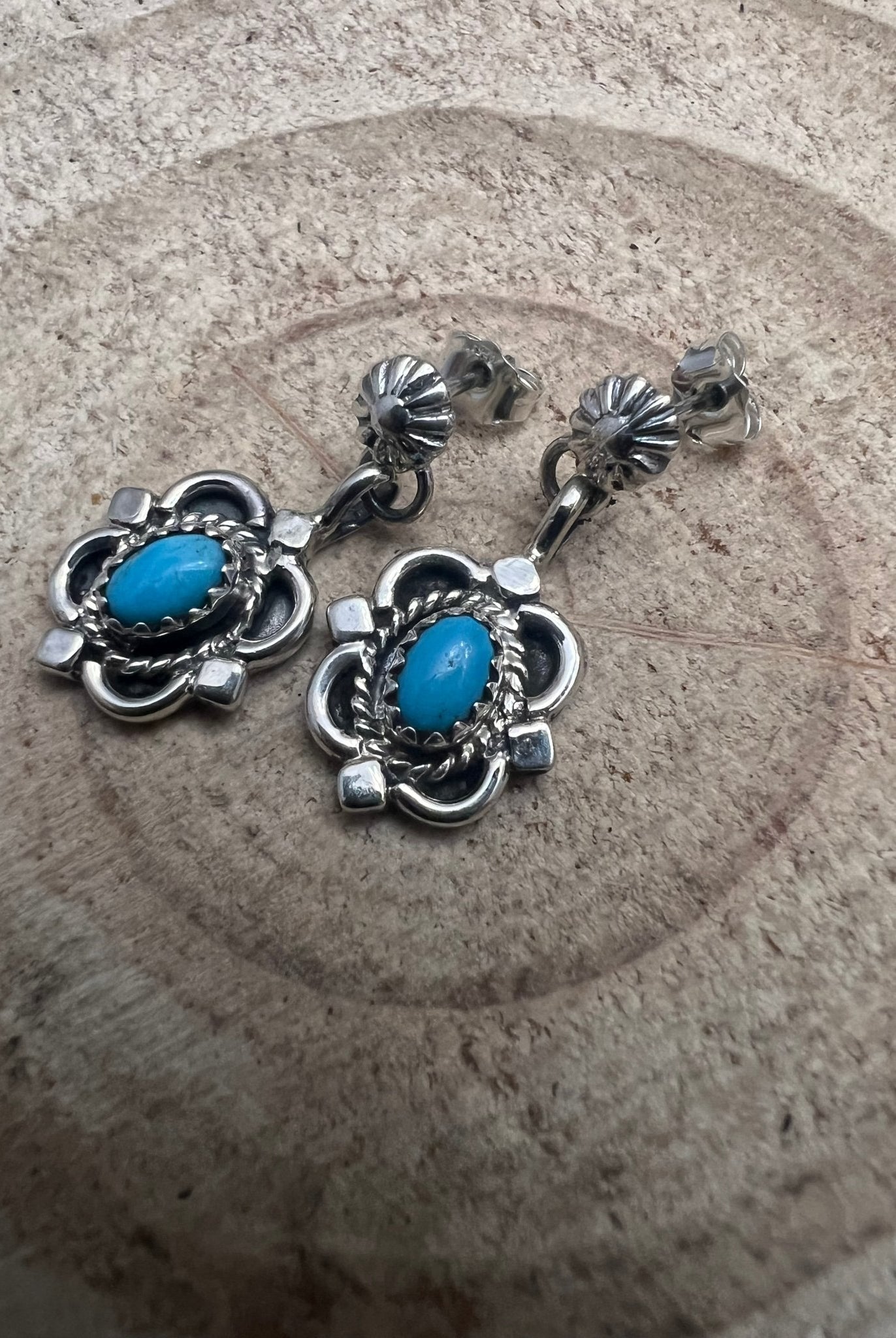 Adelarae Yazzie Navajo Handmade Sterling & Kingman Turquoise Earrings - 3/4 inch drop - Cowhide and Conchos