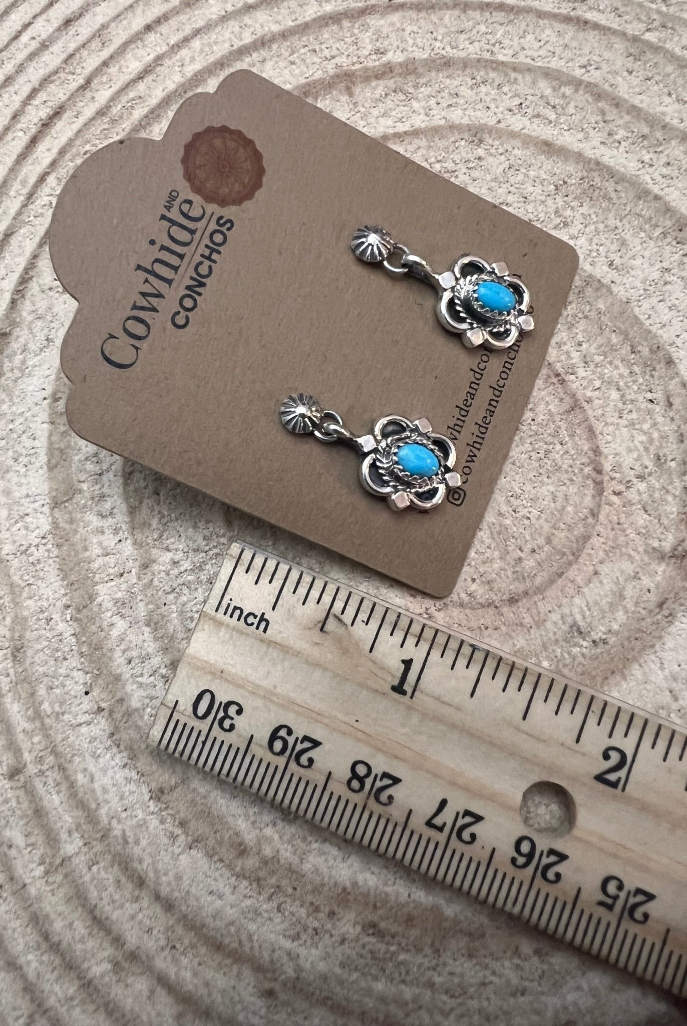 Adelarae Yazzie Navajo Handmade Sterling & Kingman Turquoise Earrings - 3/4 inch drop - Cowhide and Conchos