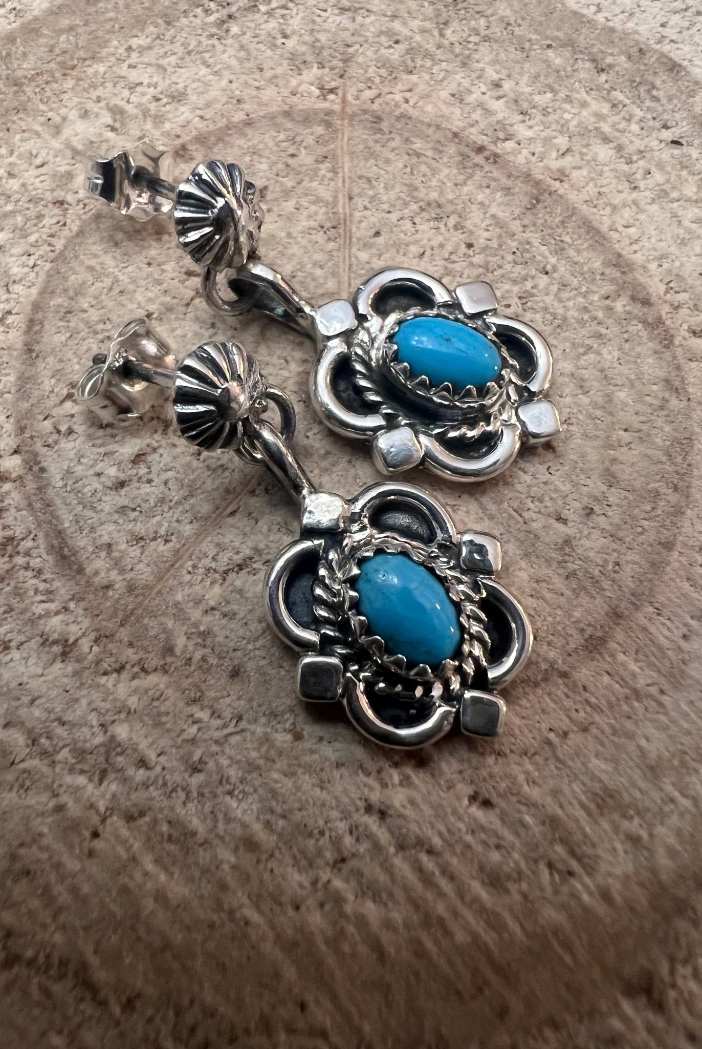 Adelarae Yazzie Navajo Handmade Sterling & Kingman Turquoise Earrings - 3/4 inch drop - Cowhide and Conchos