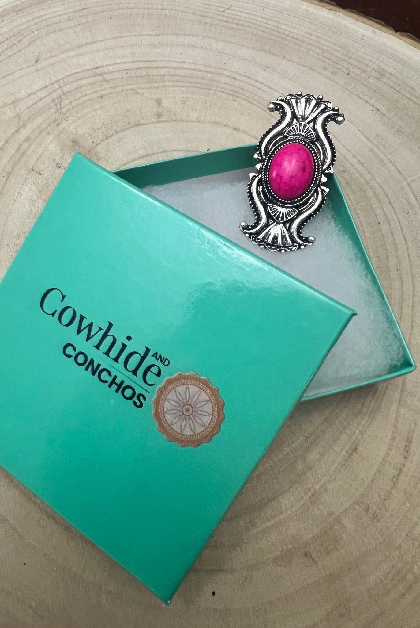Adjustable Concho Ring with Faux Pink Stone - Cowhide and Conchos