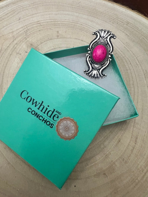 Adjustable Concho Ring with Faux Pink Stone - Cowhide and Conchos