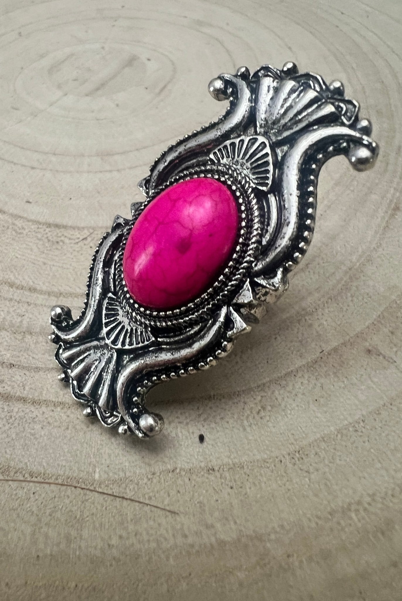 Adjustable Concho Ring with Faux Pink Stone - Cowhide and Conchos