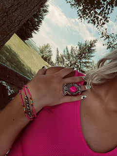 Adjustable Concho Ring with Faux Pink Stone - Cowhide and Conchos