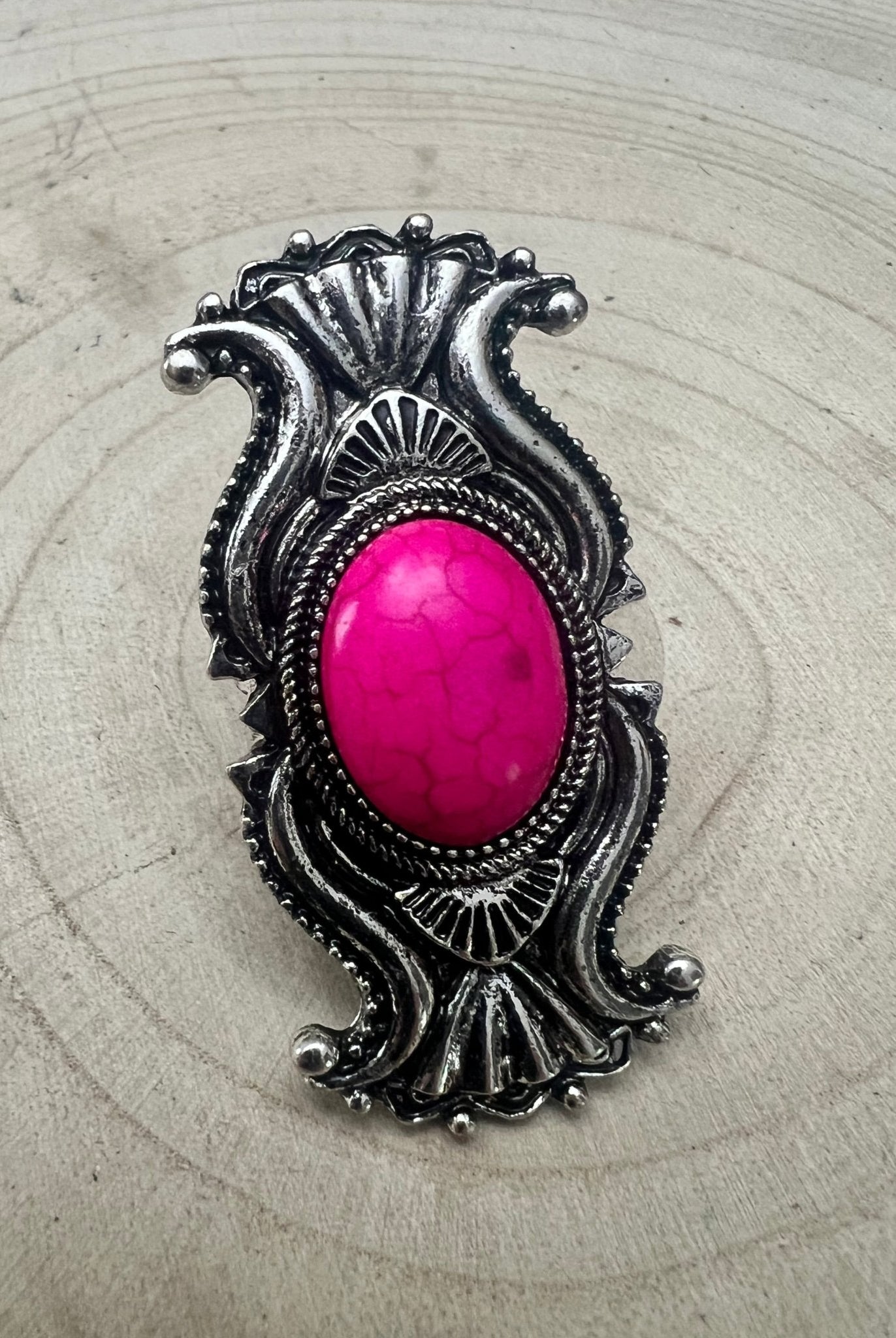 Adjustable Concho Ring with Faux Pink Stone - Cowhide and Conchos