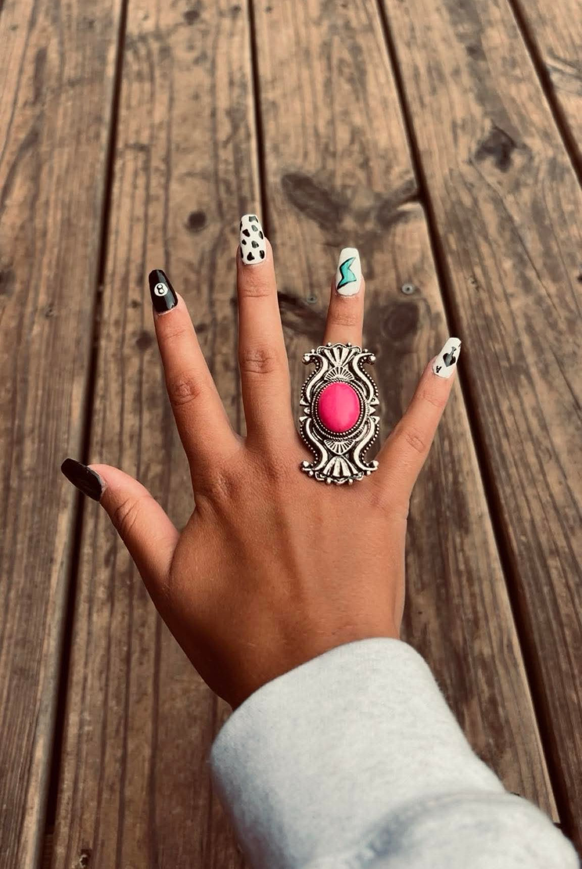 Adjustable Concho Ring with Faux Pink Stone - Cowhide and Conchos