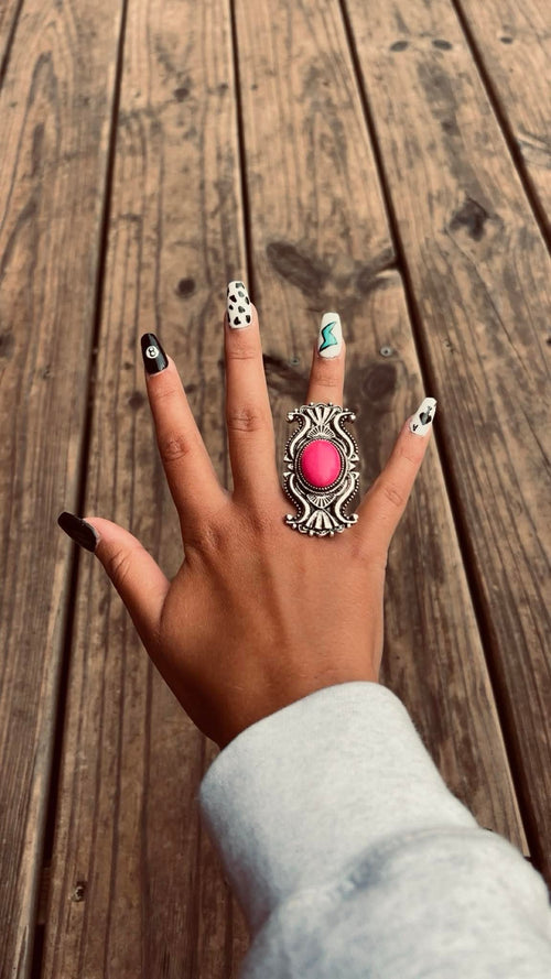 Adjustable Concho Ring with Faux Pink Stone - Cowhide and Conchos