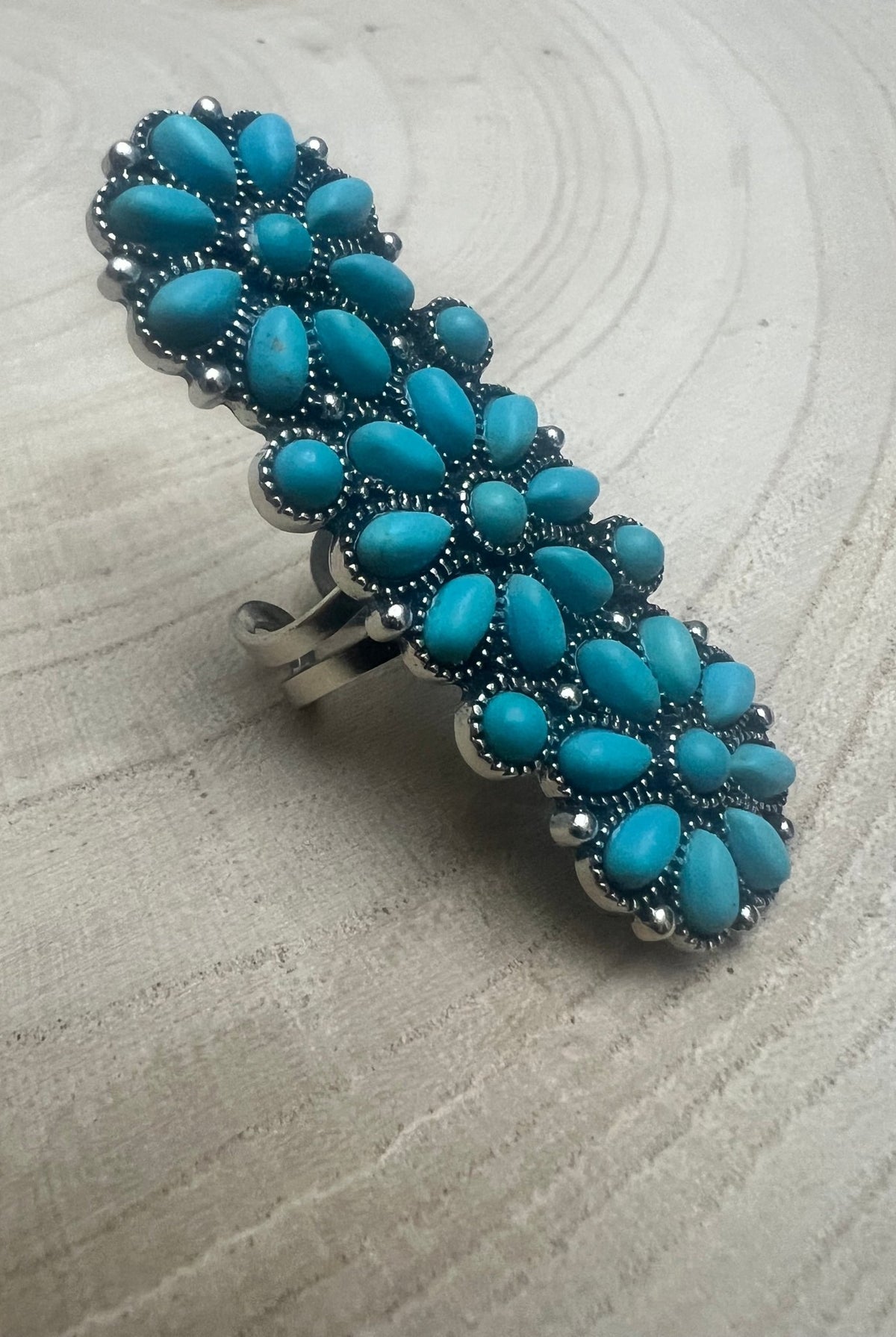 Adjustable Faux Turquoise Cluster Ring - Adjustable Cuff Ring Band - Cowhide and Conchos