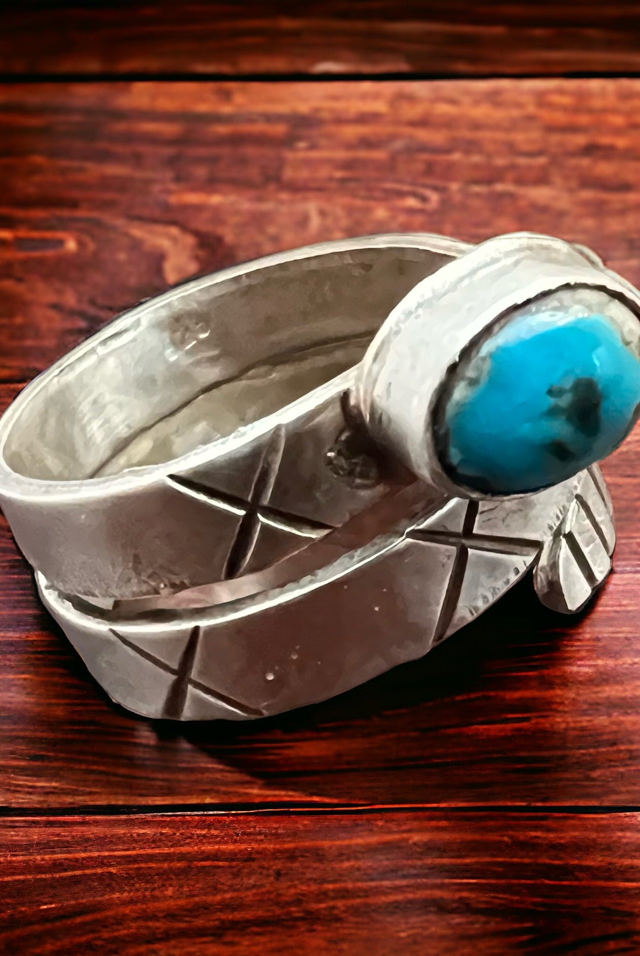 Adjustable Turquoise Ring - Size 7 - Cowhide and Conchos