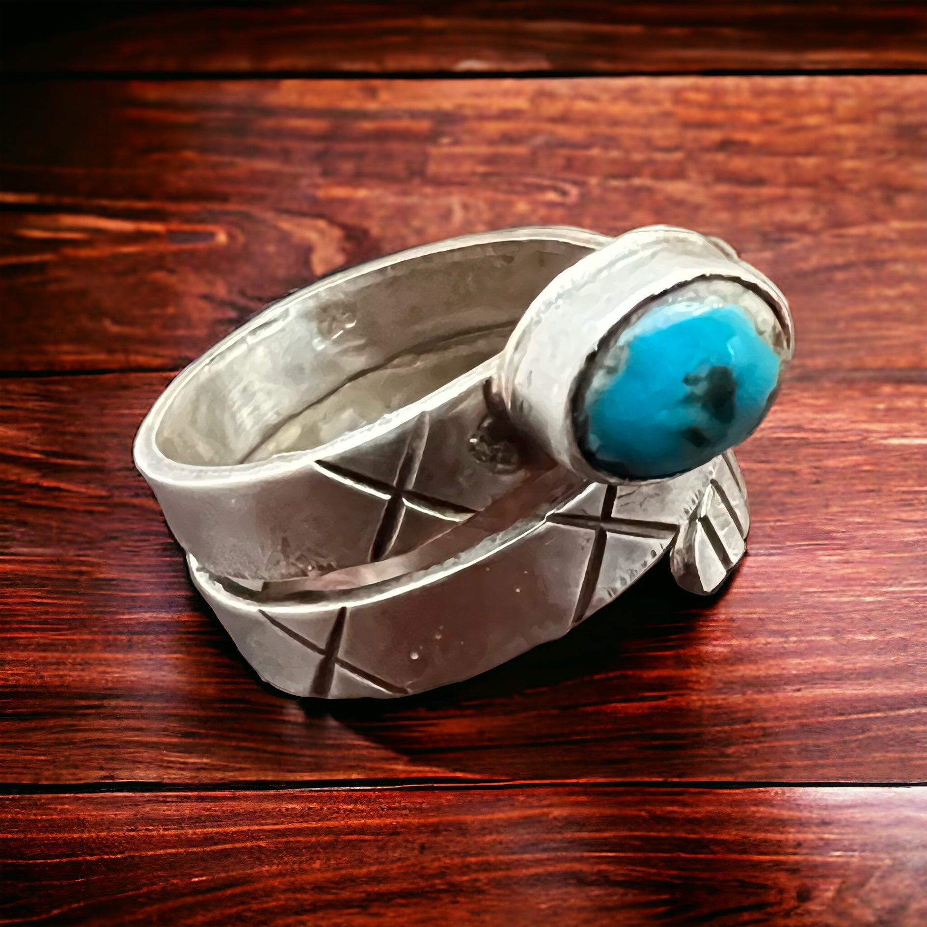 Adjustable Turquoise Ring - Size 7 - Cowhide and Conchos