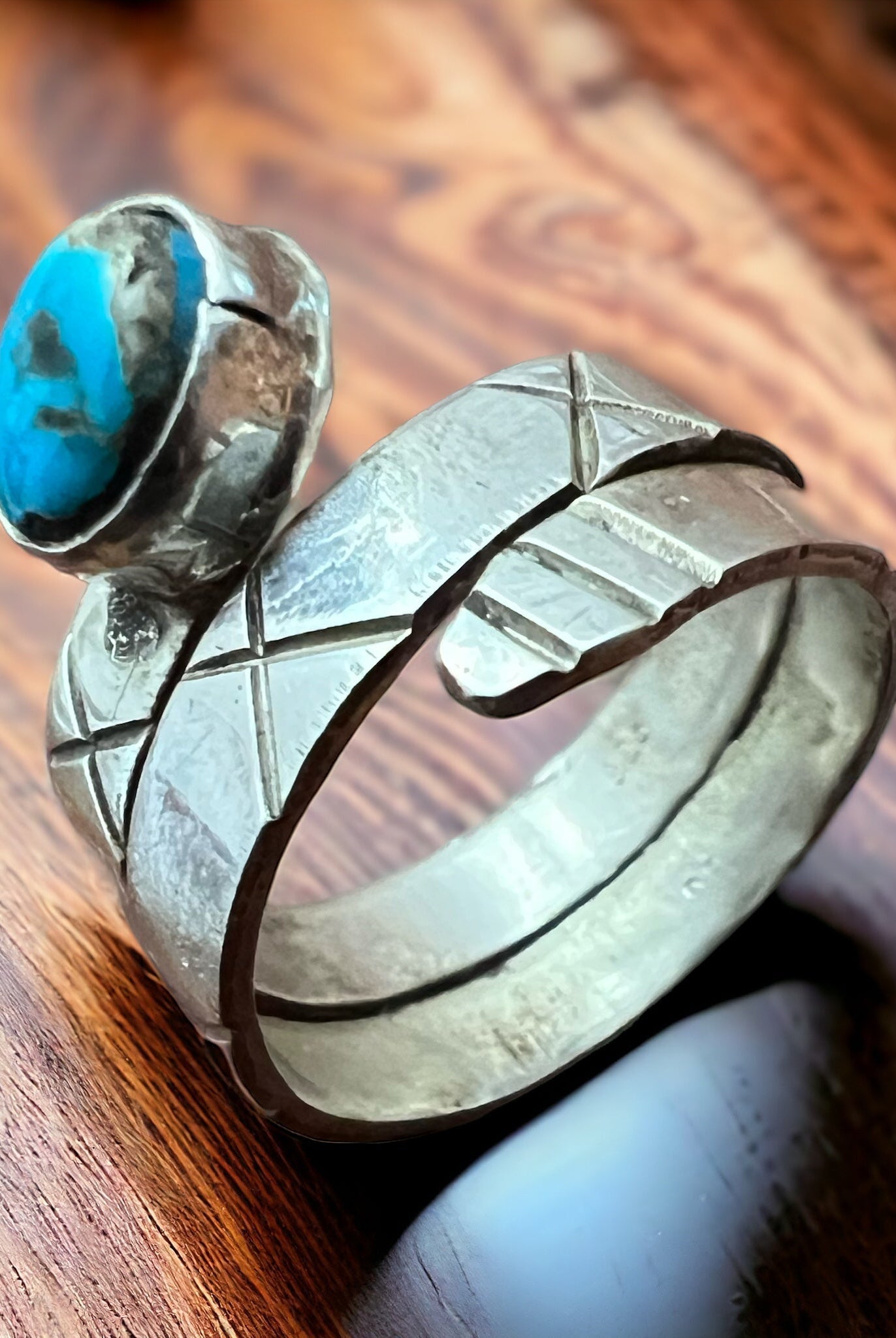 Adjustable Turquoise Ring - Size 7 - Cowhide and Conchos