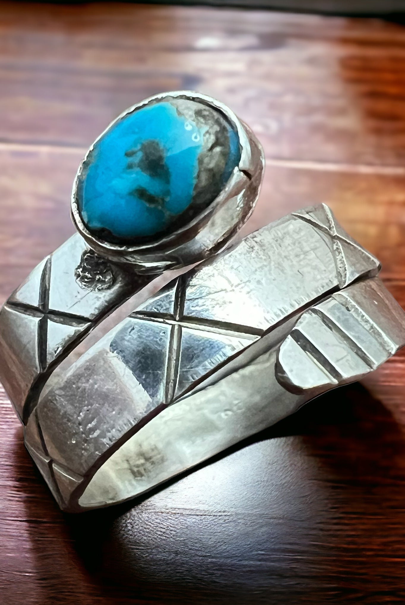 Adjustable Turquoise Ring - Size 7 - Cowhide and Conchos