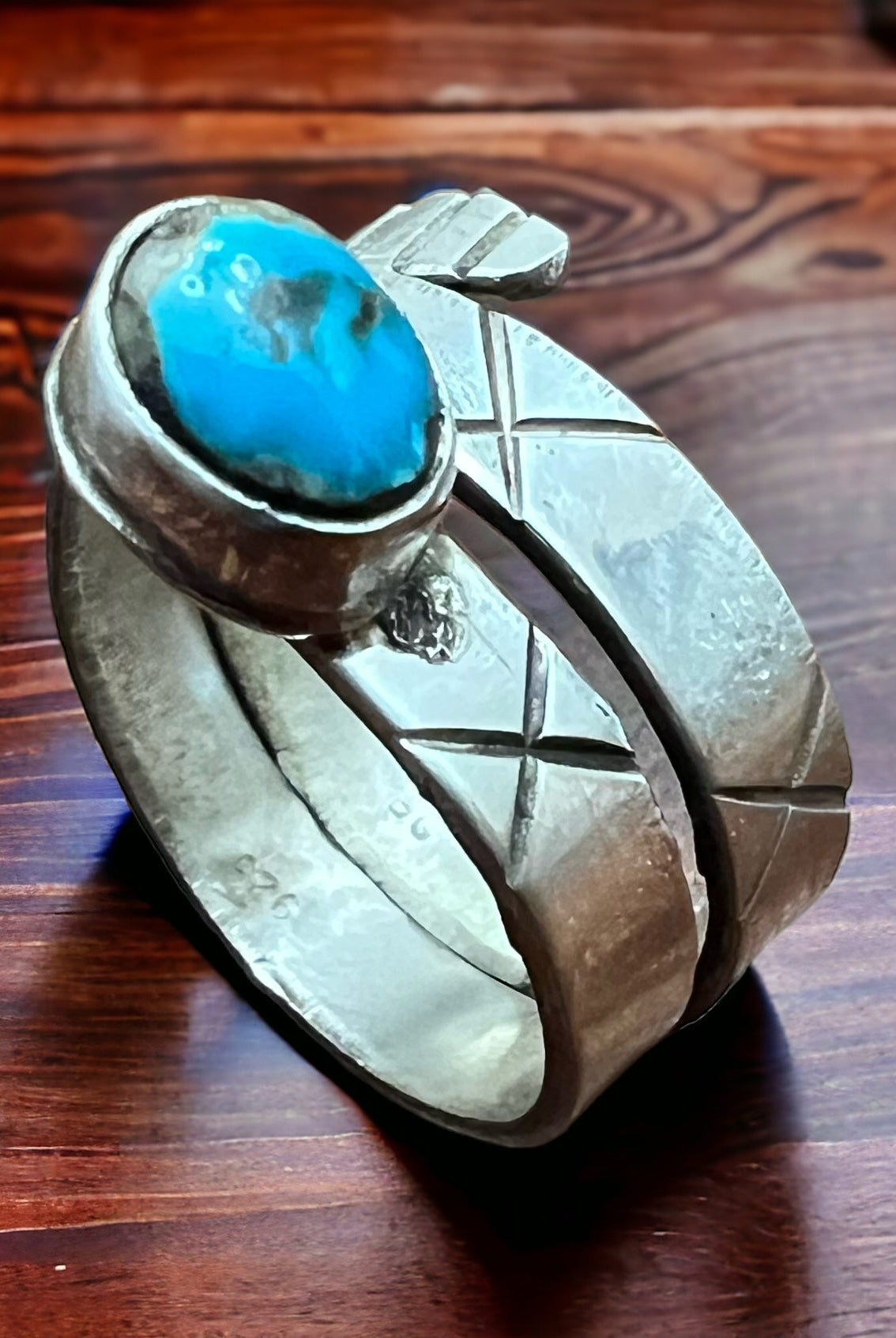 Adjustable Turquoise Ring - Size 7 - Cowhide and Conchos
