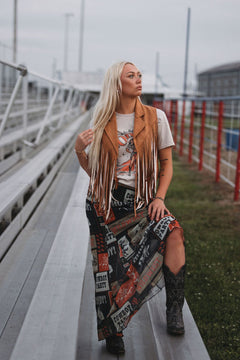 Agatha Western Rodeo Lined Full Length Mesh Skirt - Cowhide and Conchos