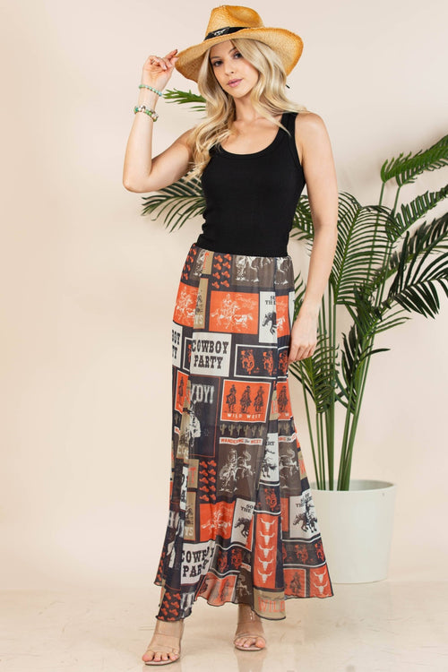 Agatha Western Rodeo Lined Full Length Mesh Skirt - Cowhide and Conchos