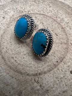 Alice Sanders Navajo Handmade Sterling & Kingman Turquoise Post Earrings - Cowhide and Conchos