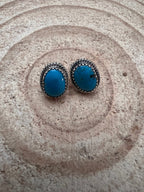 Alice Sanders Navajo Handmade Sterling & Kingman Turquoise Post Earrings - Cowhide and Conchos