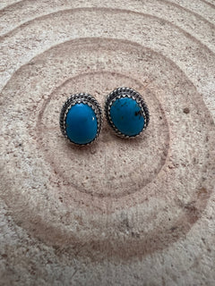 Alice Sanders Navajo Handmade Sterling & Kingman Turquoise Post Earrings - Cowhide and Conchos