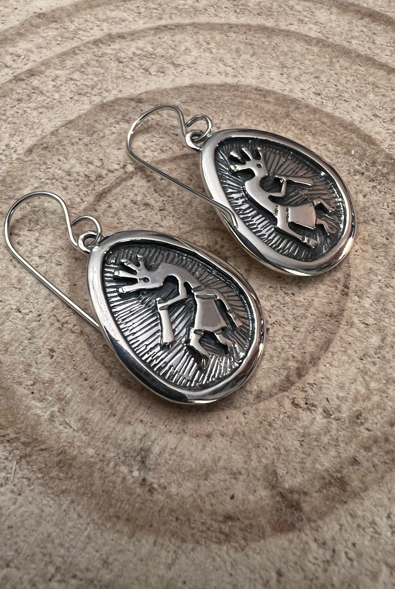 Allen Lee Navajo Handmade Kokopelli Sterling Silver Earrings - Cowhide and Conchos