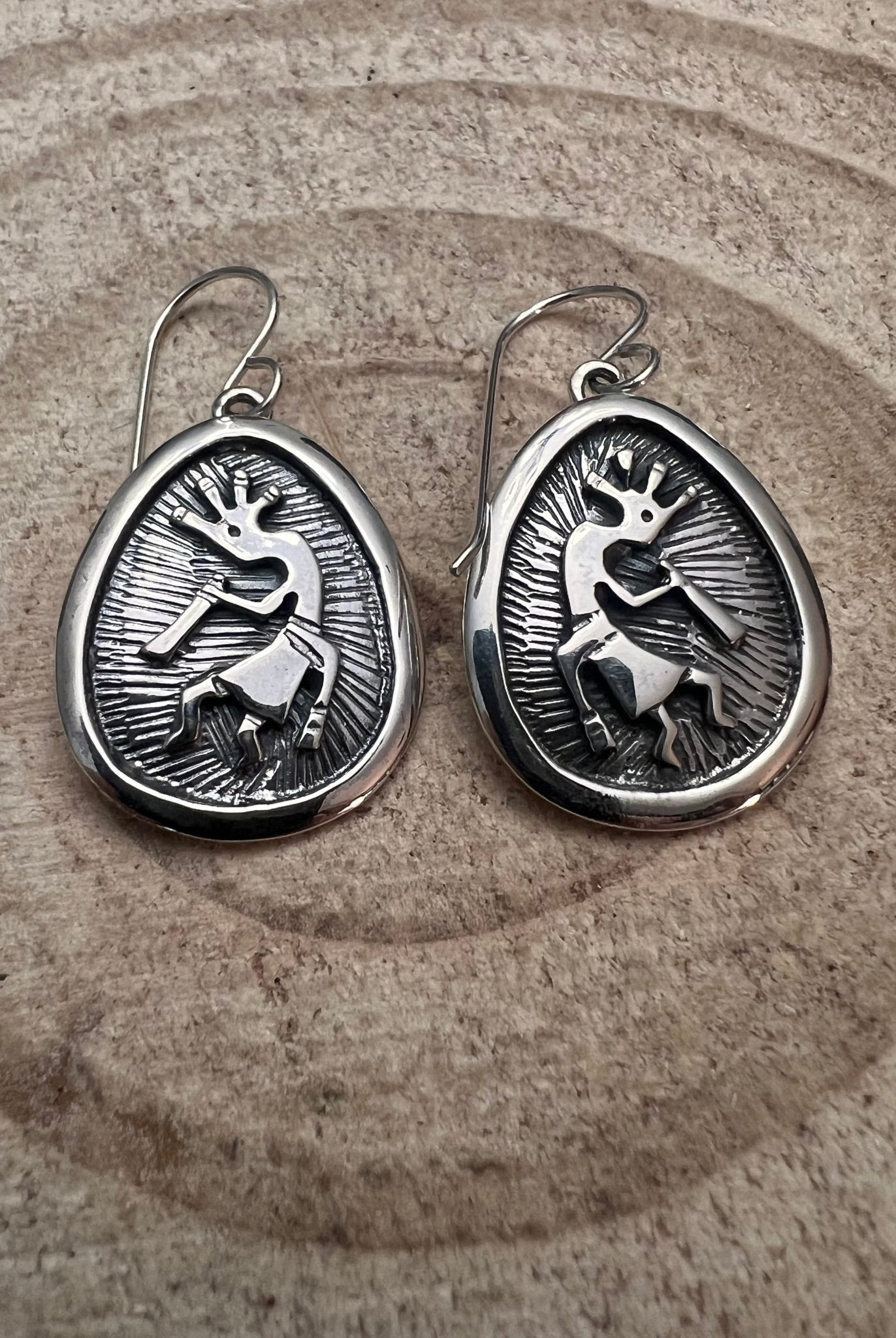 Allen Lee Navajo Handmade Kokopelli Sterling Silver Earrings - Cowhide and Conchos
