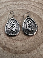 Allen Lee Navajo Handmade Kokopelli Sterling Silver Earrings - Cowhide and Conchos