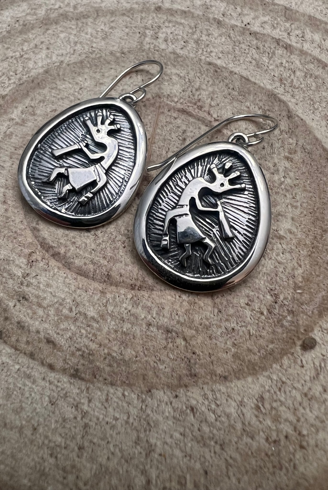 Allen Lee Navajo Handmade Kokopelli Sterling Silver Earrings - Cowhide and Conchos