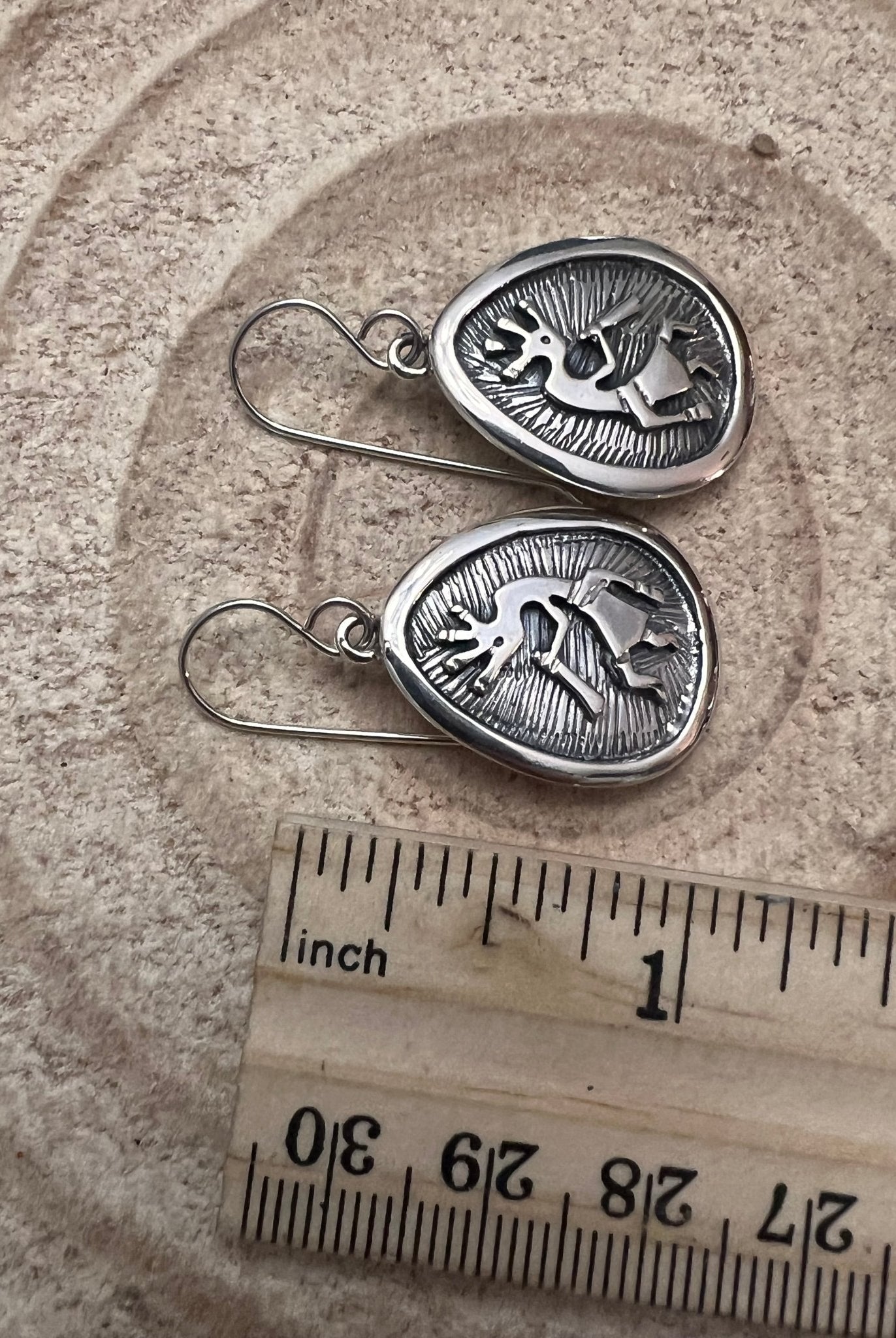 Allen Lee Navajo Handmade Kokopelli Sterling Silver Earrings - Cowhide and Conchos