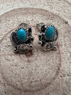 Annette Chiquit Navajo Handmade Sterling and Kingman Turquoise Post Earrings - Cowhide and Conchos