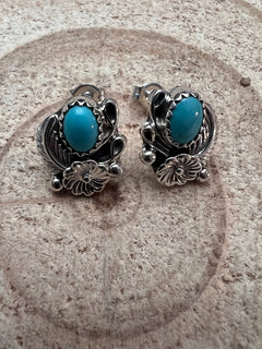 Annette Chiquit Navajo Handmade Sterling and Kingman Turquoise Post Earrings - Cowhide and Conchos