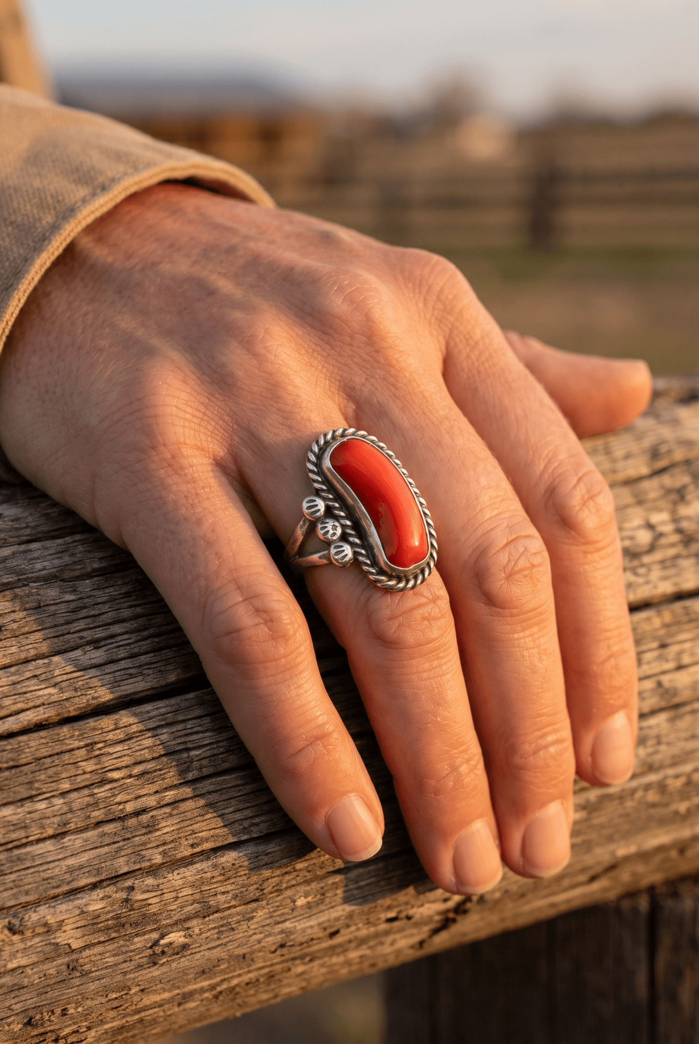 Annie Chapo Hand-Stamped Sterling Silver Coral Ring — Size 7 (Vintage Native American) - Cowhide and Conchos