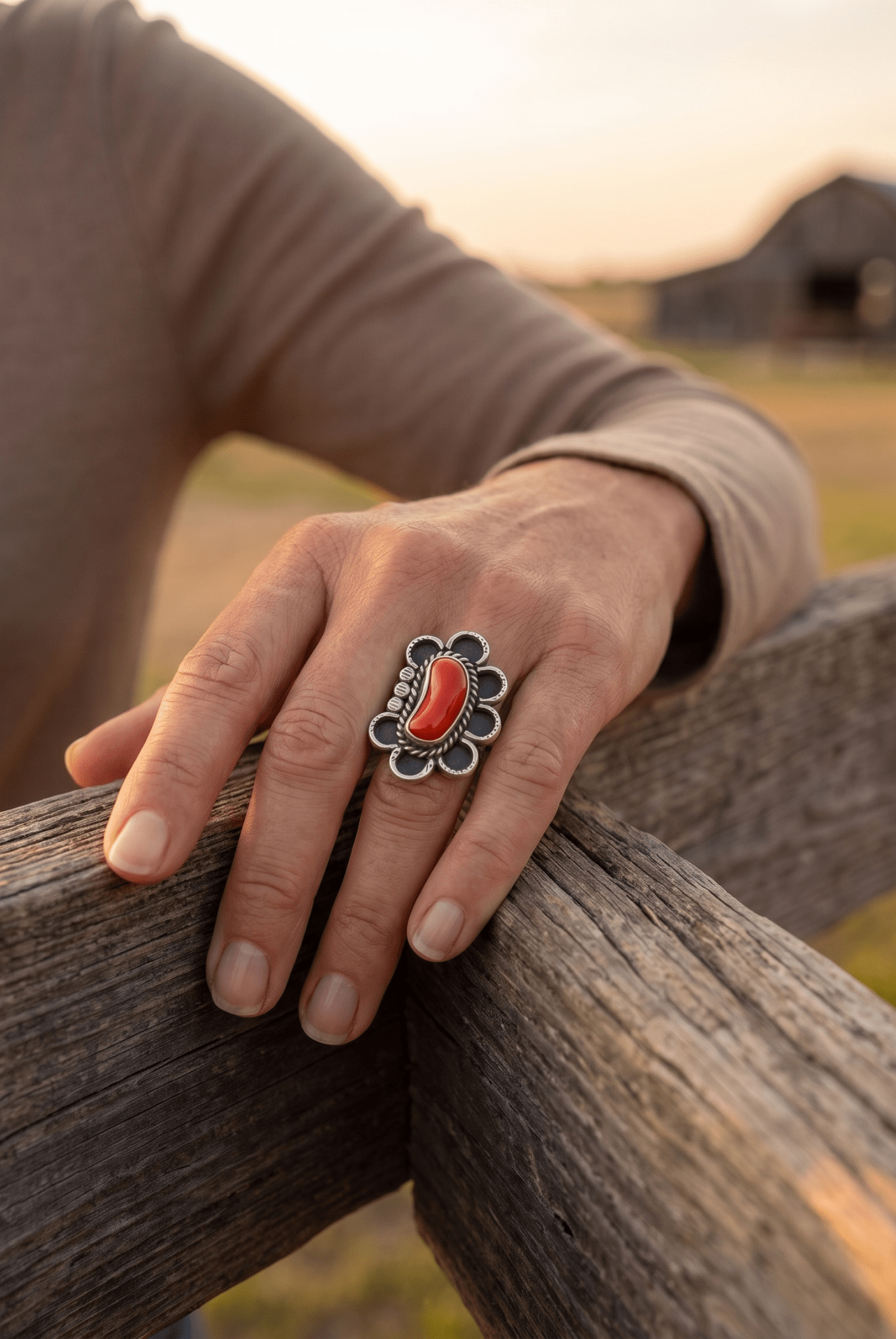 Annie Chapo Hand-Stamped Sterling Silver Coral Ring — Size 7 (Vintage Native American) - Cowhide and Conchos