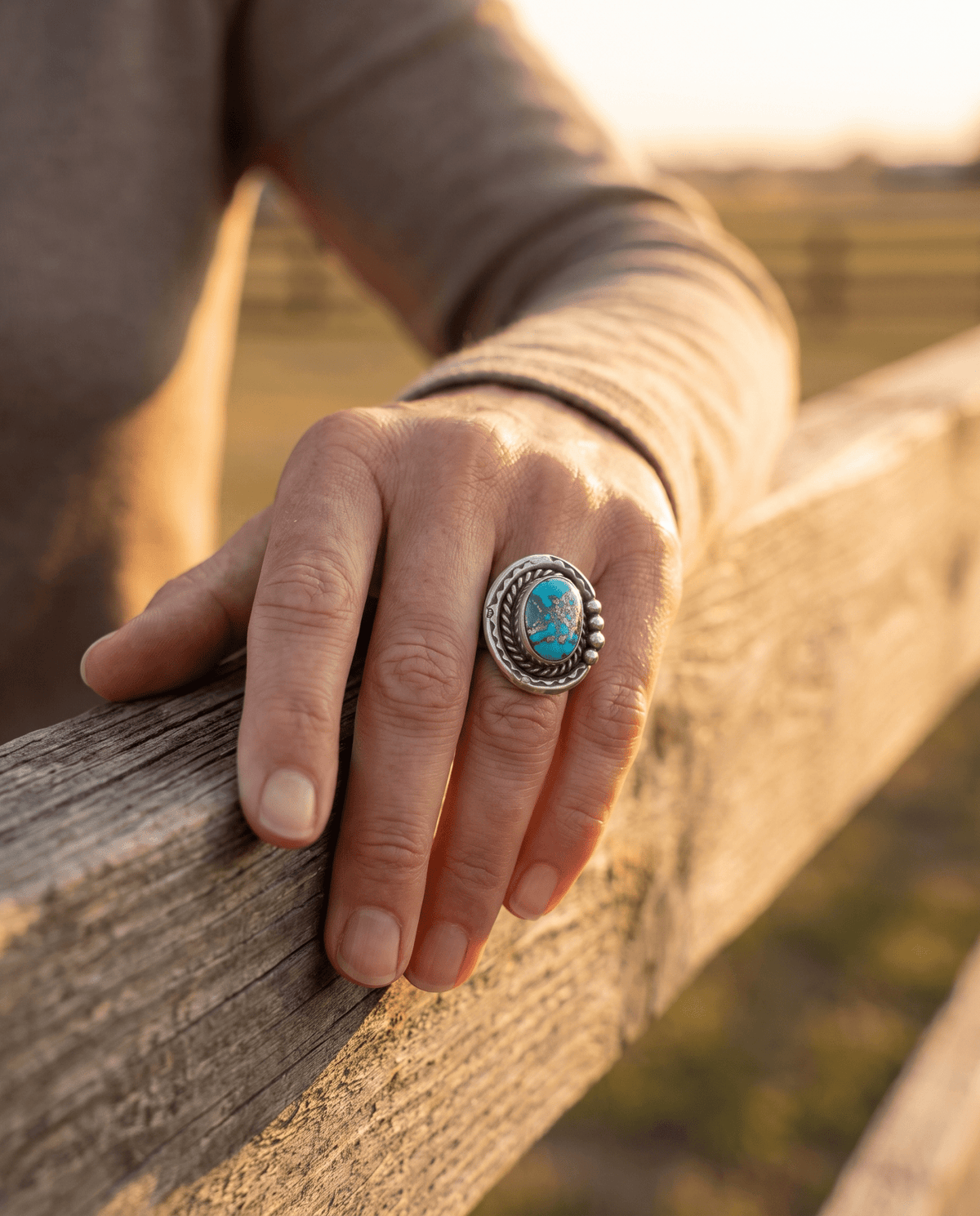 Annie Chapo Signed Vintage Navajo Sterling Turquoise Ring — Size 7 (Pyrite Matrix) - Cowhide and Conchos