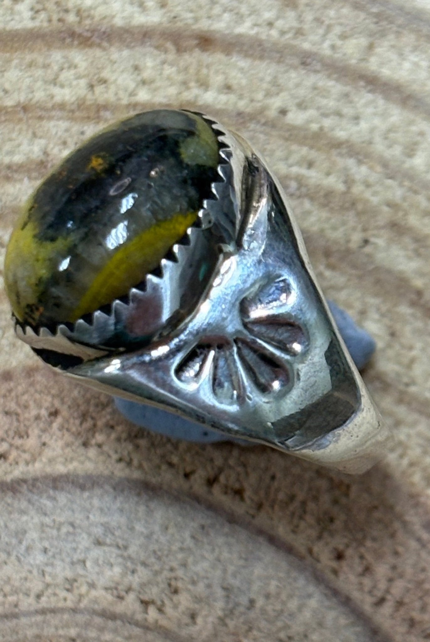 Annie Lincoln Navajo Handmade Sterling Silver & Bumblebee Jasper Ring - Size 9 - Cowhide and Conchos