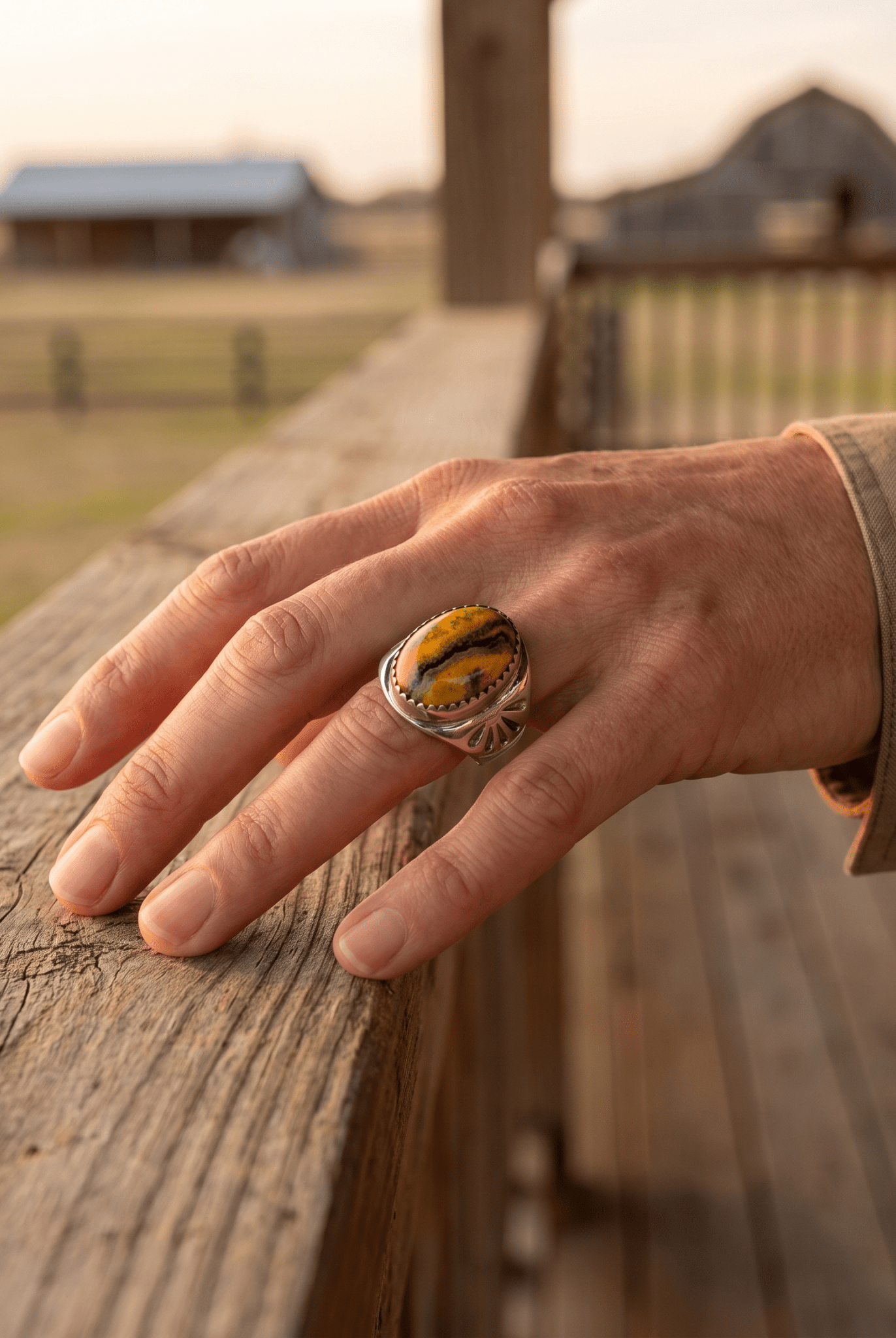 Annie Lincoln Navajo Sterling Silver Bumblebee Jasper Ring — Size 9 - Cowhide and Conchos