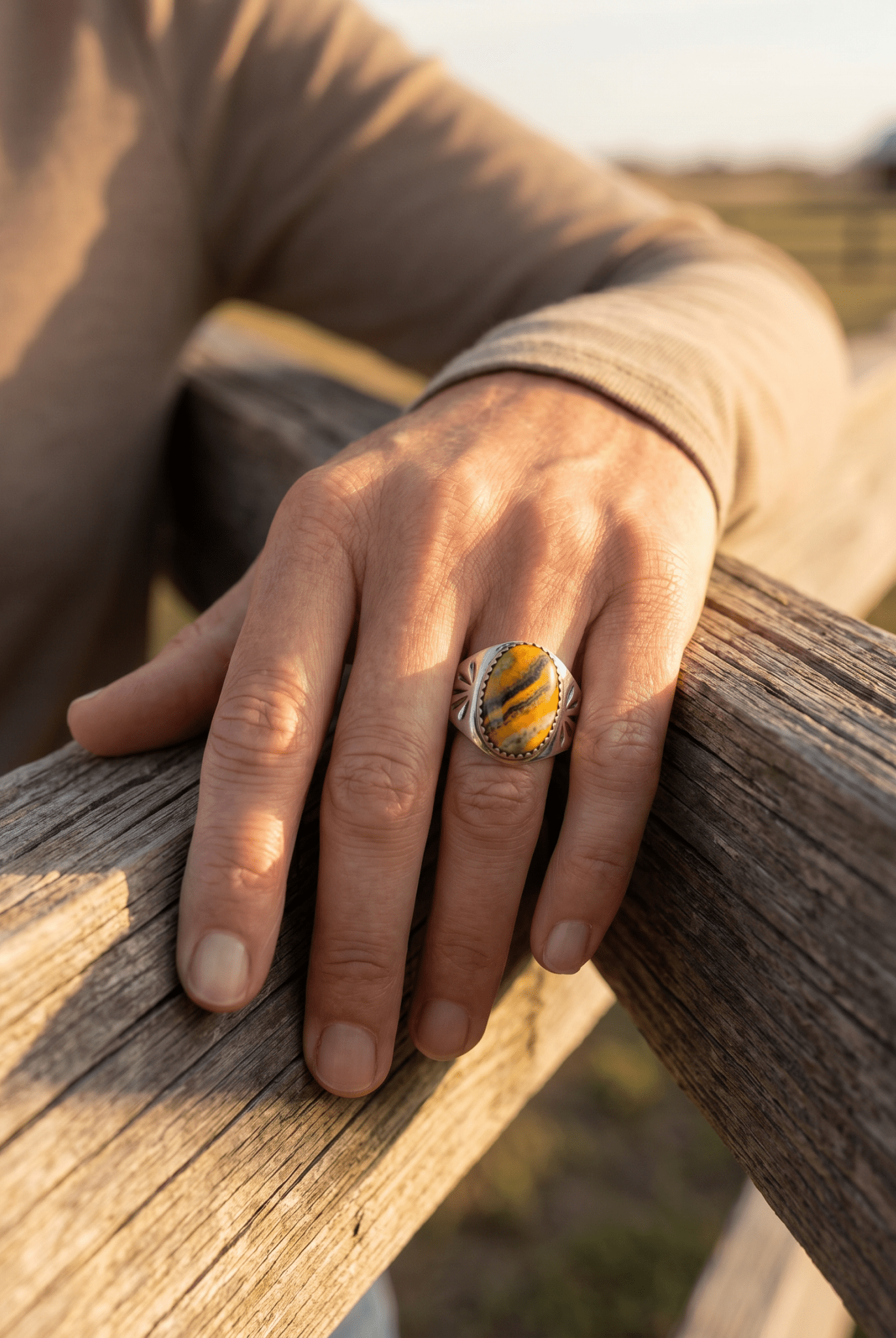 Annie Lincoln Navajo Sterling Silver Bumblebee Jasper Ring — Size 9 - Cowhide and Conchos