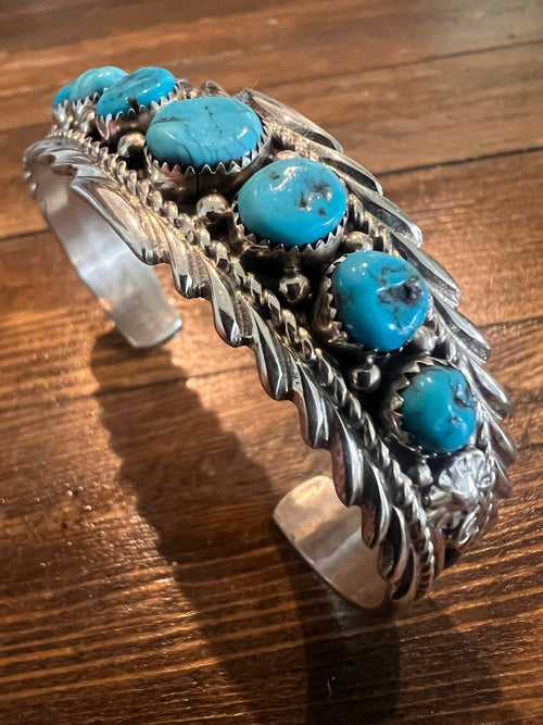 Anthony Brown Turquoise & Sterling Silver Bracelet - Cowhide and Conchos