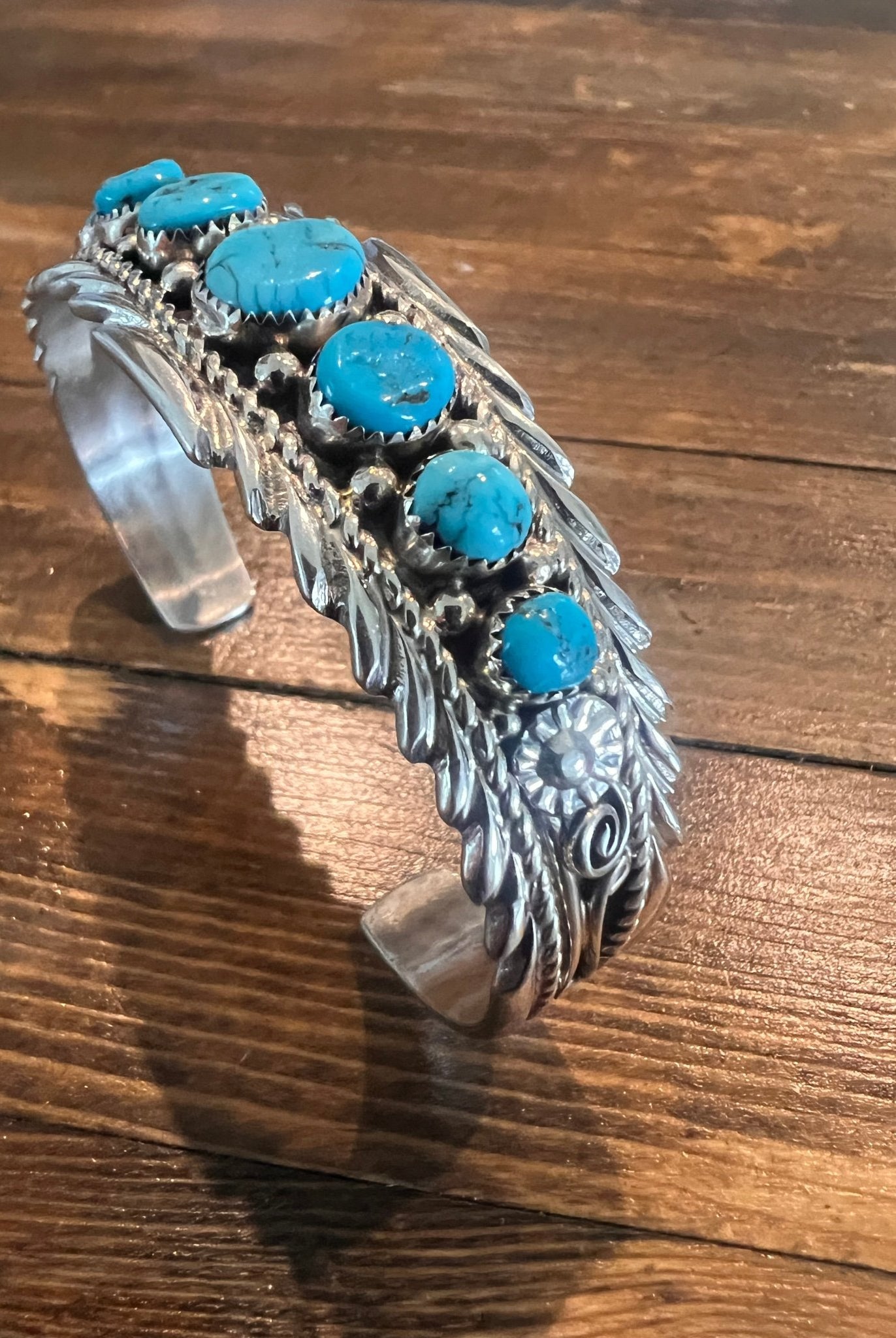 Anthony Brown Turquoise & Sterling Silver Bracelet - Cowhide and Conchos