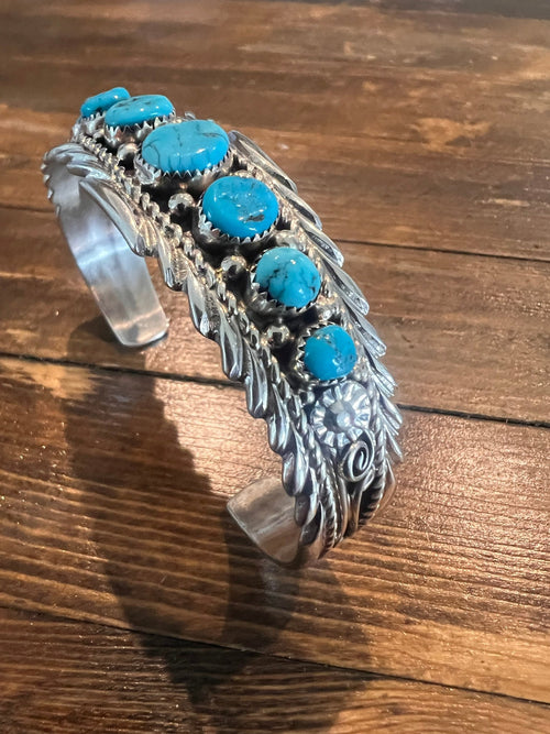 Anthony Brown Turquoise & Sterling Silver Bracelet - Cowhide and Conchos