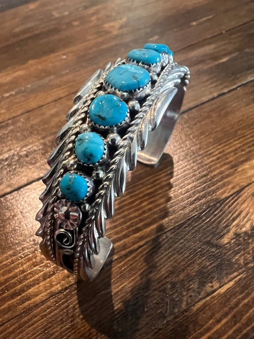 Anthony Brown Turquoise & Sterling Silver Bracelet - Cowhide and Conchos