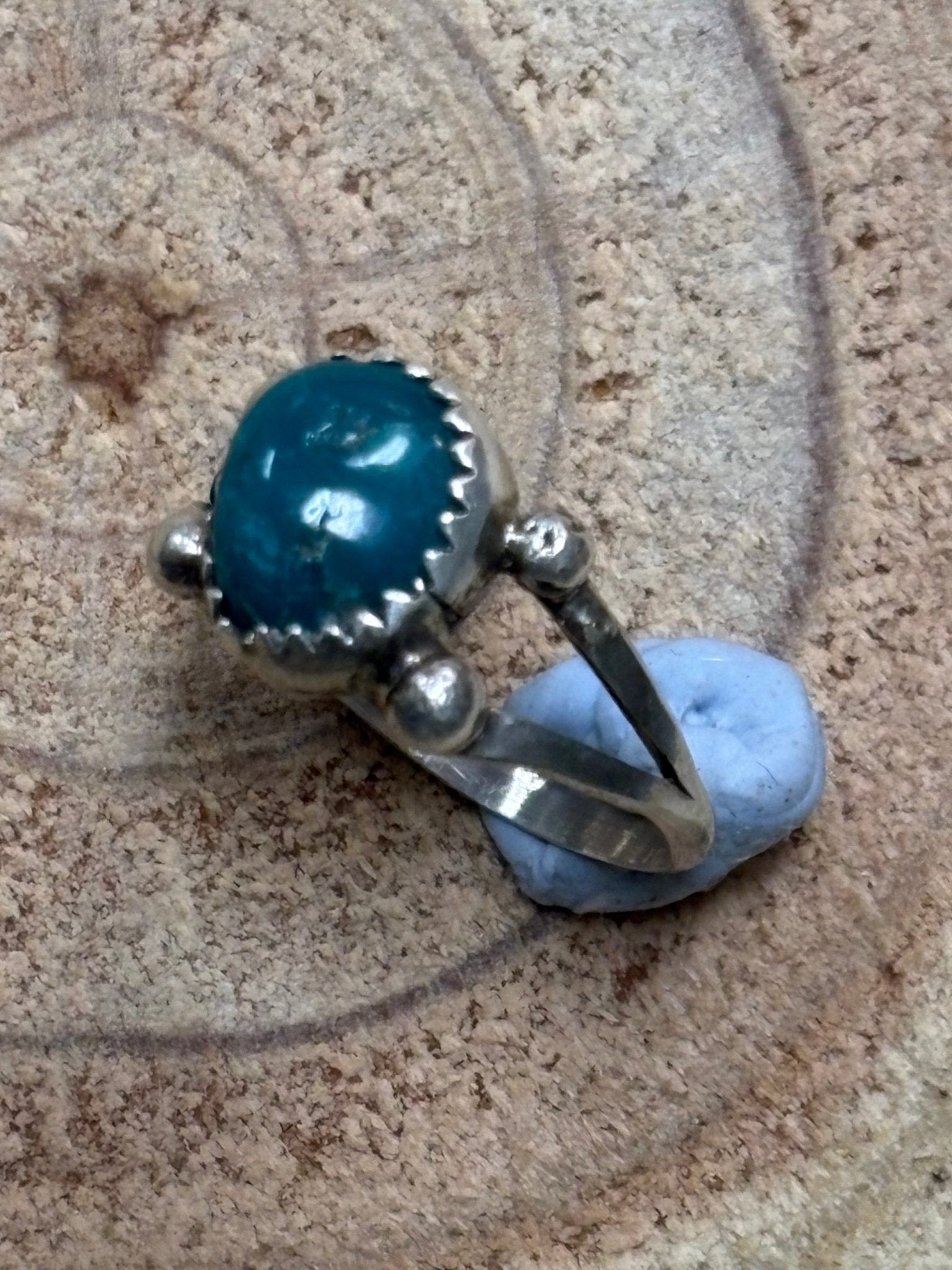 Antionette Martinez Navajo Handmade Sterling Silver & Kingman Turquoise Ring - Size 8 - Cowhide and Conchos