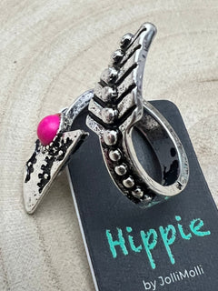 Arrow Head Cuff Ring with Faux Pink Stone - Cowhide and Conchos