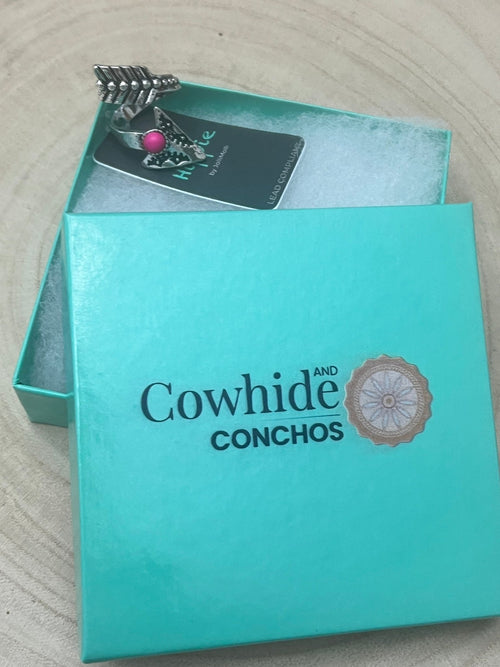 Arrow Head Cuff Ring with Faux Pink Stone - Cowhide and Conchos