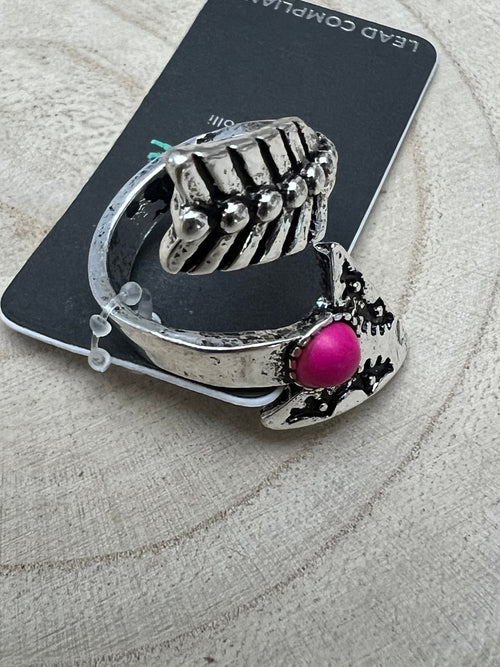 Arrow Head Cuff Ring with Faux Pink Stone - Cowhide and Conchos
